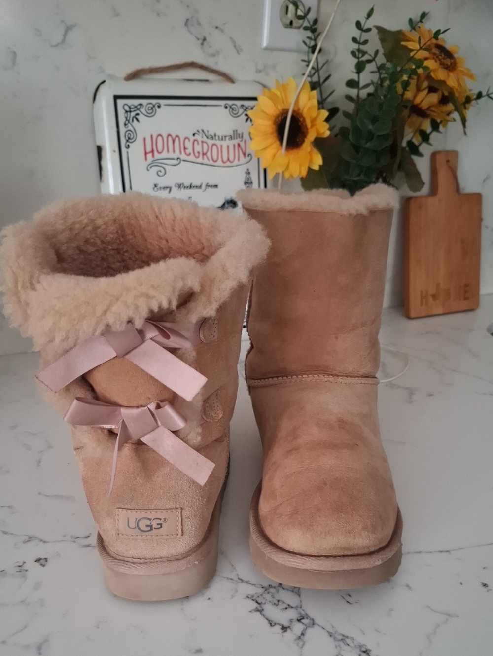 UGG Womens Chestnut Suede Short Boots with Pink Satin Bows